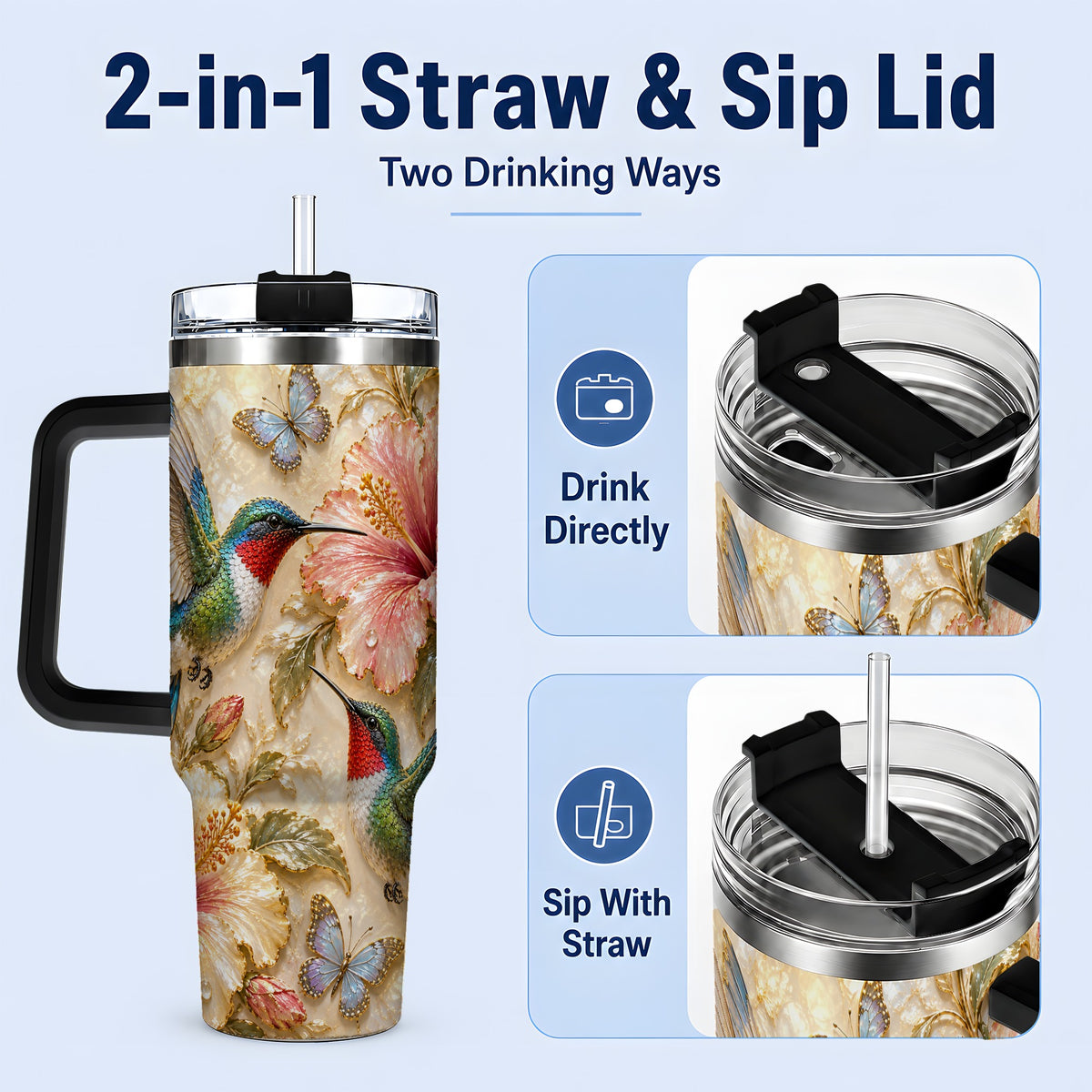 #pl[40oz|Black] Tropical Hummingbird 40oz Tumbler, Hibiscus Drinkware for Bird Lovers