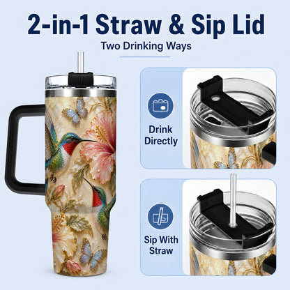#pl[40oz|Black] Tropical Hummingbird 40oz Tumbler, Hibiscus Drinkware for Bird Lovers