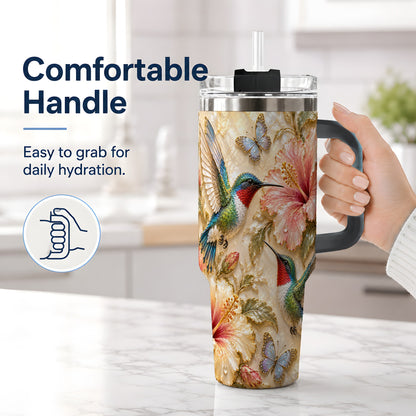 #pl[40oz|Black] Tropical Hummingbird 40oz Tumbler, Hibiscus Drinkware for Bird Lovers