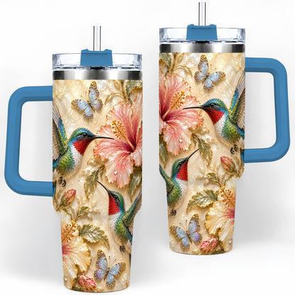 #pl[40oz|Blue] Tropical Hummingbird 40oz Tumbler, Hibiscus Drinkware for Bird Lovers