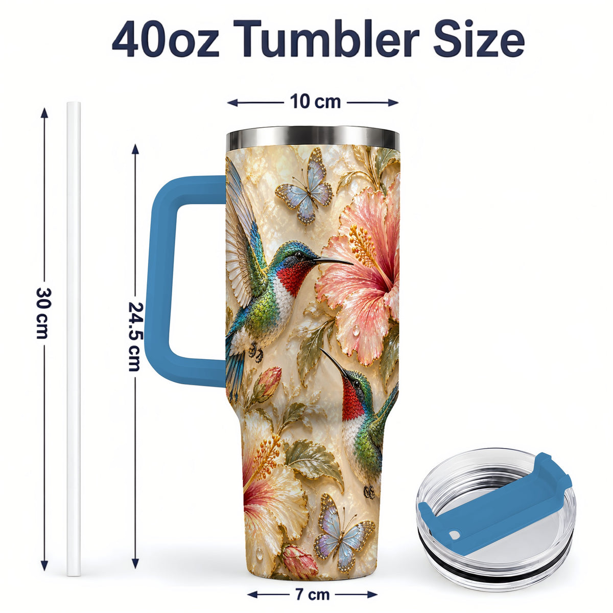 #pl[40oz|Blue] Tropical Hummingbird 40oz Tumbler, Hibiscus Drinkware for Bird Lovers