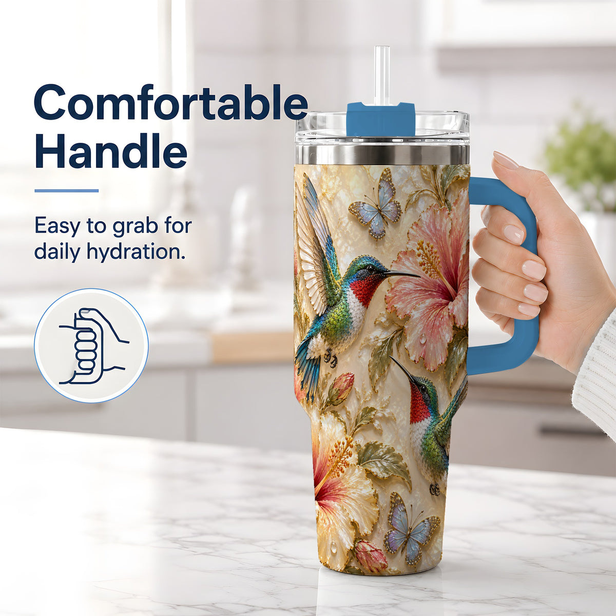 #pl[40oz|Blue] Tropical Hummingbird 40oz Tumbler, Hibiscus Drinkware for Bird Lovers