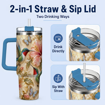 #pl[40oz|Blue] Tropical Hummingbird 40oz Tumbler, Hibiscus Drinkware for Bird Lovers