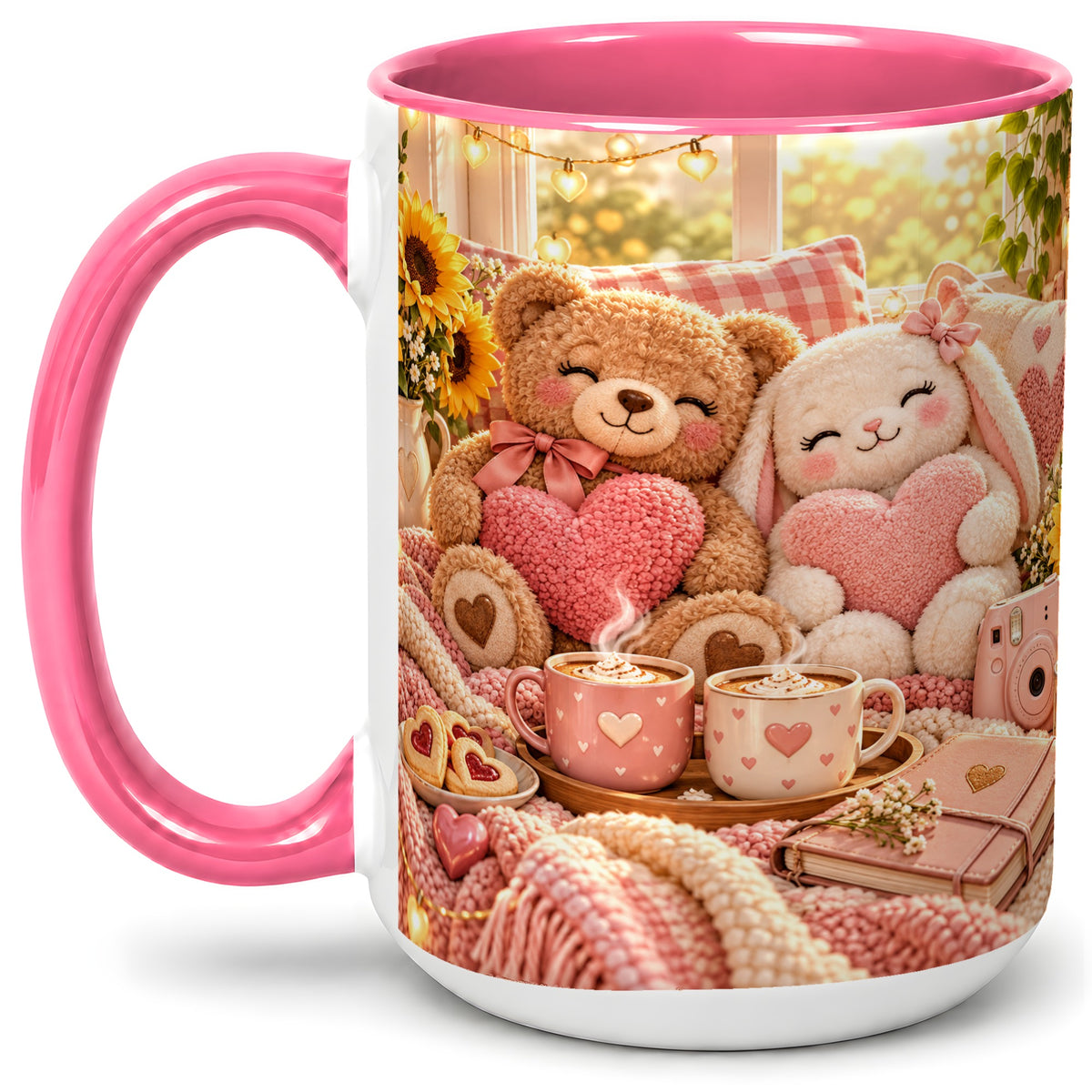 #pl[15oz|Pink] Teddy Bear Bunny Hearts Ceramic Mug