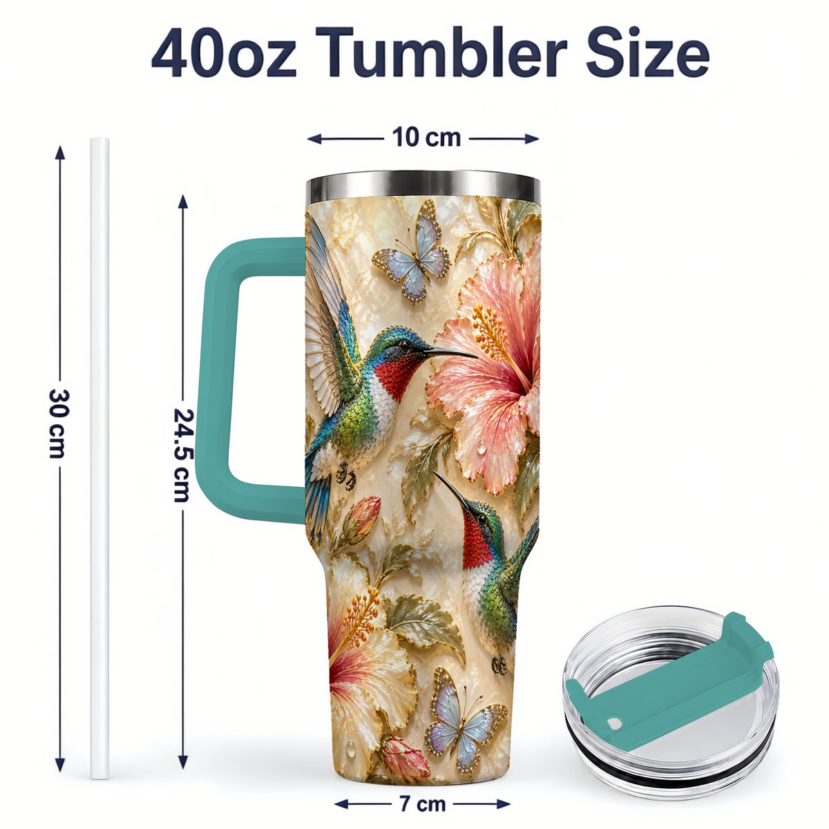 #pl[40oz|Green] Tropical Hummingbird 40oz Tumbler, Hibiscus Drinkware for Bird Lovers