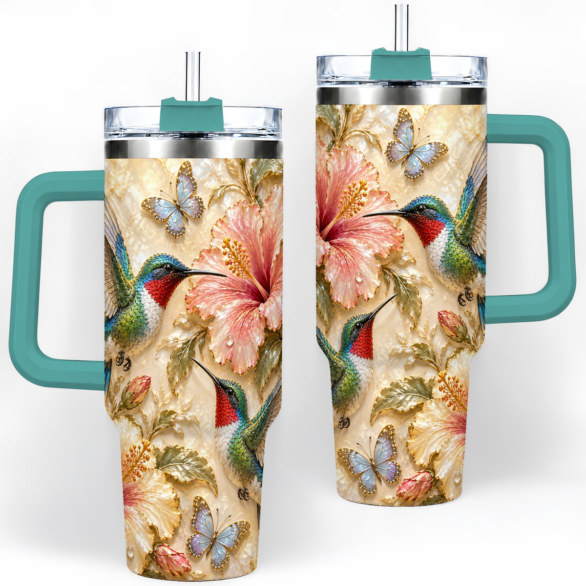 #pl[40oz|Green] Tropical Hummingbird 40oz Tumbler, Hibiscus Drinkware for Bird Lovers