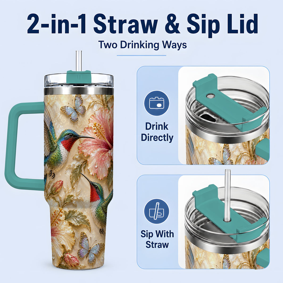 #pl[40oz|Green] Tropical Hummingbird 40oz Tumbler, Hibiscus Drinkware for Bird Lovers