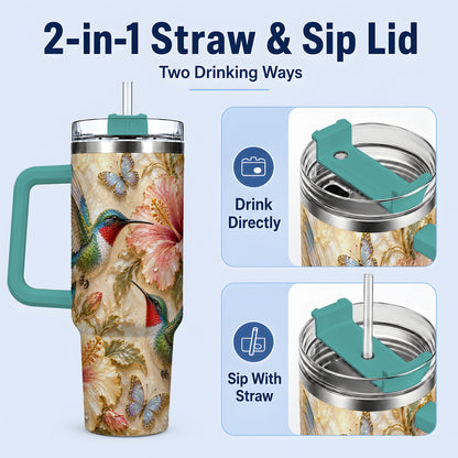 #pl[40oz|Green] Tropical Hummingbird 40oz Tumbler, Hibiscus Drinkware for Bird Lovers