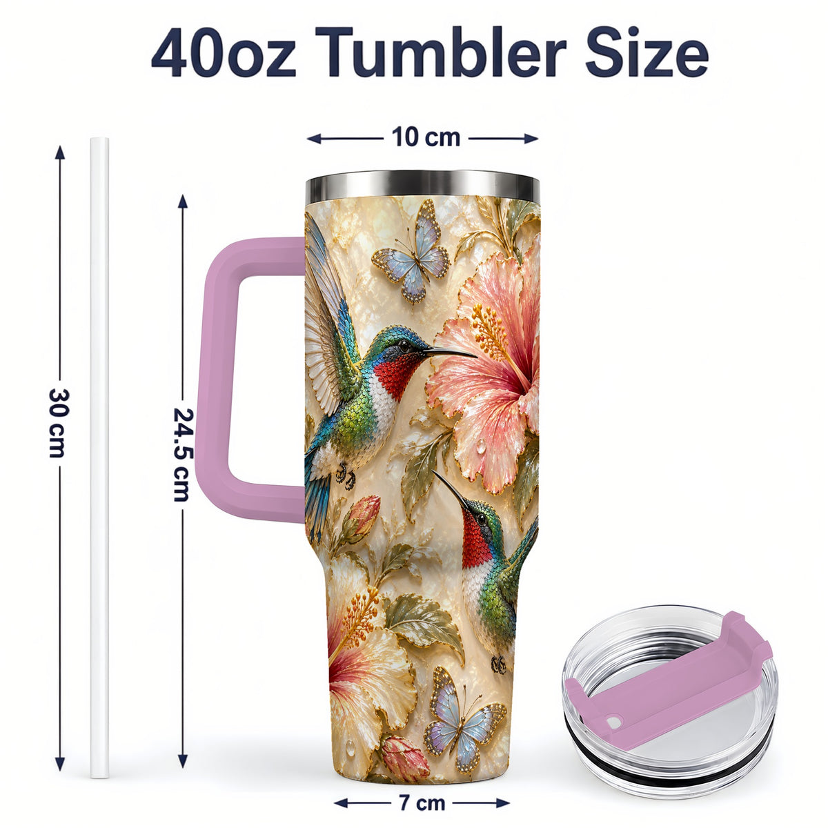 #pl[40oz|Pink] Tropical Hummingbird 40oz Tumbler, Hibiscus Drinkware for Bird Lovers