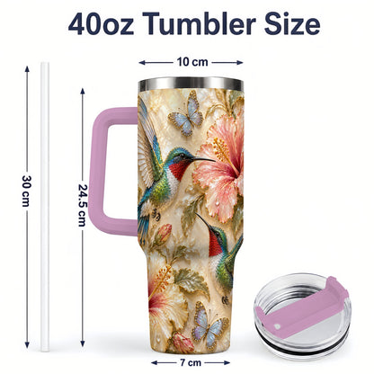 #pl[40oz|Pink] Tropical Hummingbird 40oz Tumbler, Hibiscus Drinkware for Bird Lovers