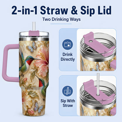 #pl[40oz|Pink] Tropical Hummingbird 40oz Tumbler, Hibiscus Drinkware for Bird Lovers