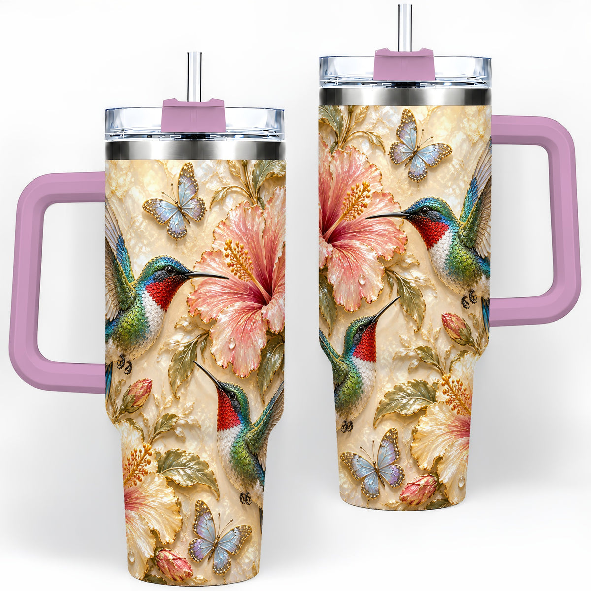 #pl[40oz|Pink] Tropical Hummingbird 40oz Tumbler, Hibiscus Drinkware for Bird Lovers