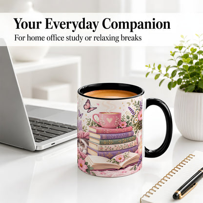 #pl[11oz|Black] Cozy Reading Cat Floral Ceramic Mug