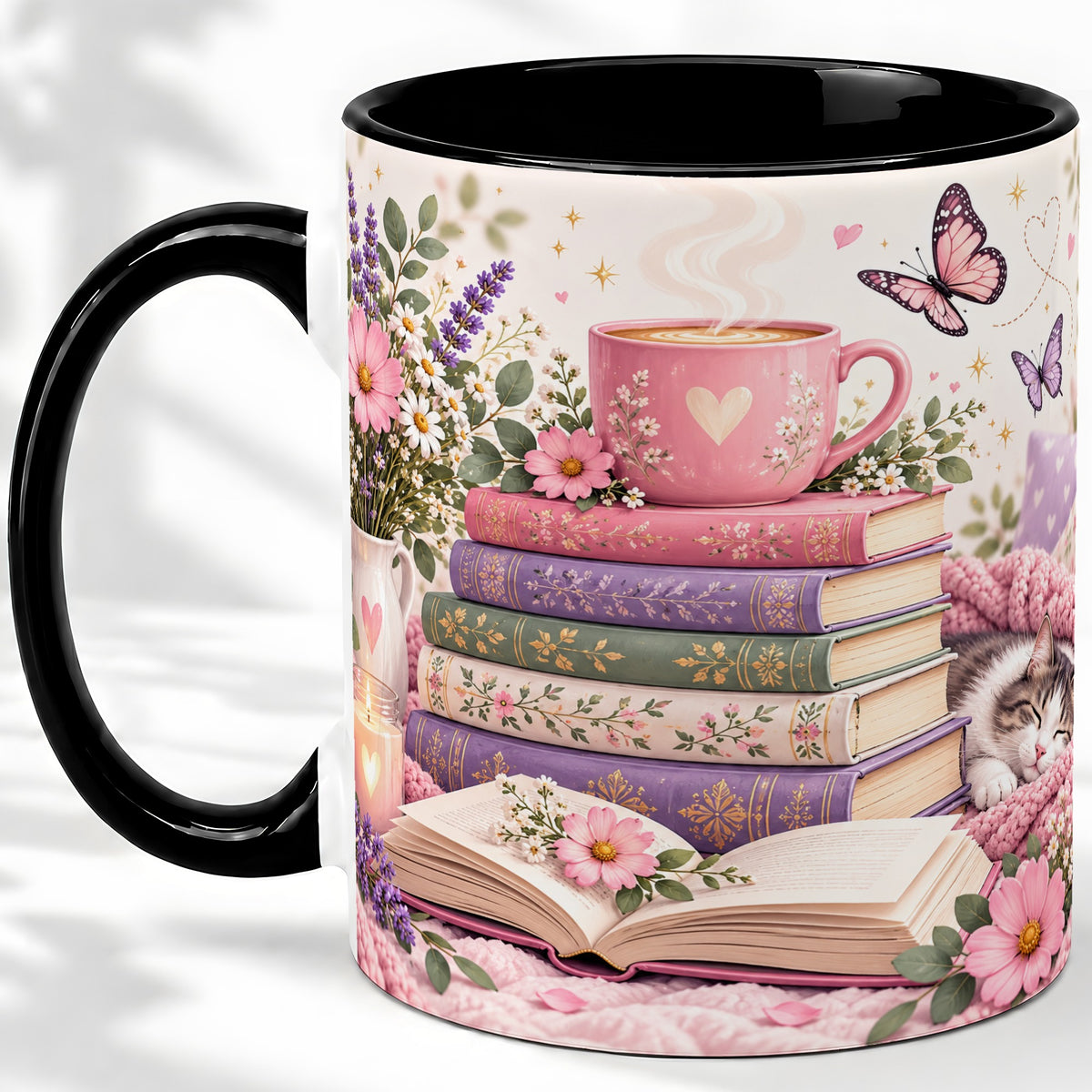 #pl[11oz|Black] Cozy Reading Cat Floral Ceramic Mug