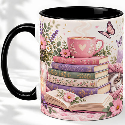 #pl[11oz|Black] Cozy Reading Cat Floral Ceramic Mug