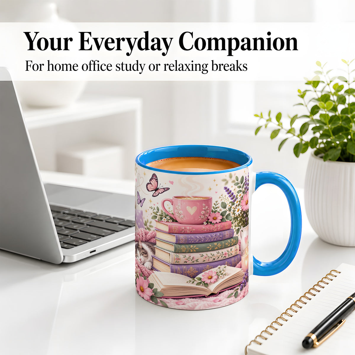 #pl[11oz|Blue] Cozy Reading Cat Floral Ceramic Mug