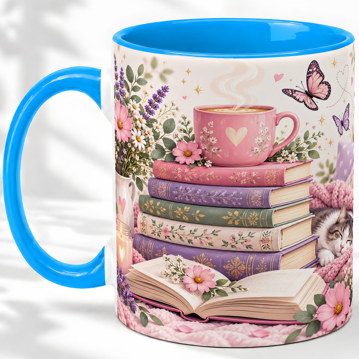 #pl[11oz|Blue] Cozy Reading Cat Floral Ceramic Mug