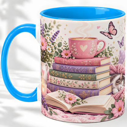 #pl[11oz|Blue] Cozy Reading Cat Floral Ceramic Mug