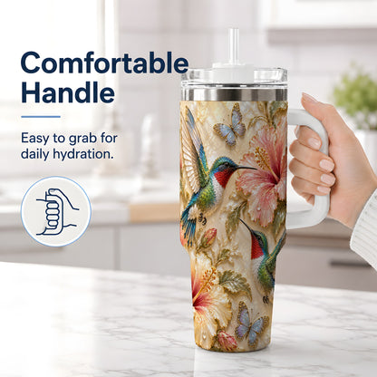 #pl[40oz|White] Tropical Hummingbird 40oz Tumbler, Hibiscus Drinkware for Bird Lovers