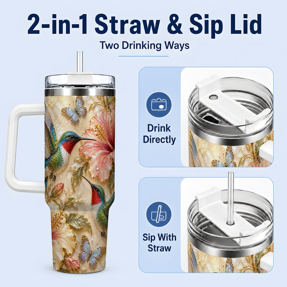 #pl[40oz|White] Tropical Hummingbird 40oz Tumbler, Hibiscus Drinkware for Bird Lovers