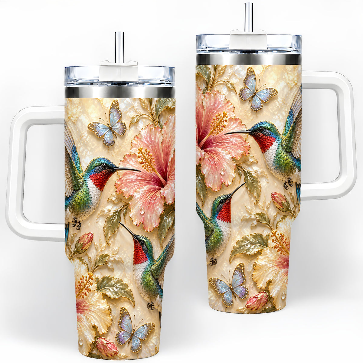 Tropical Hummingbird 40oz Tumbler, Hibiscus Drinkware for Bird Lovers