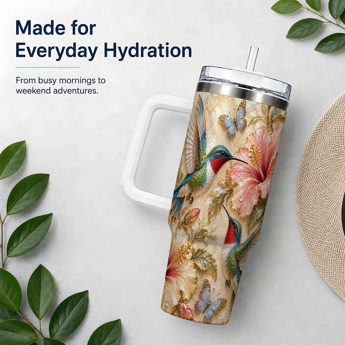 Tropical Hummingbird 40oz Tumbler, Hibiscus Drinkware for Bird Lovers