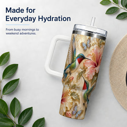 Tropical Hummingbird 40oz Tumbler, Hibiscus Drinkware for Bird Lovers