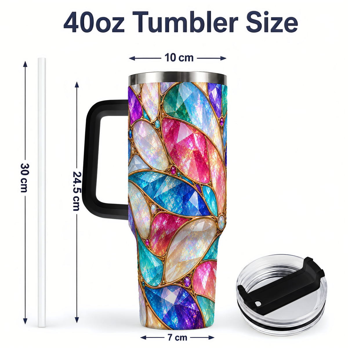 #pl[40oz|Black] Colorful Geometric Mosaic 40oz Tumbler, Faceted Abstract Drinkware
