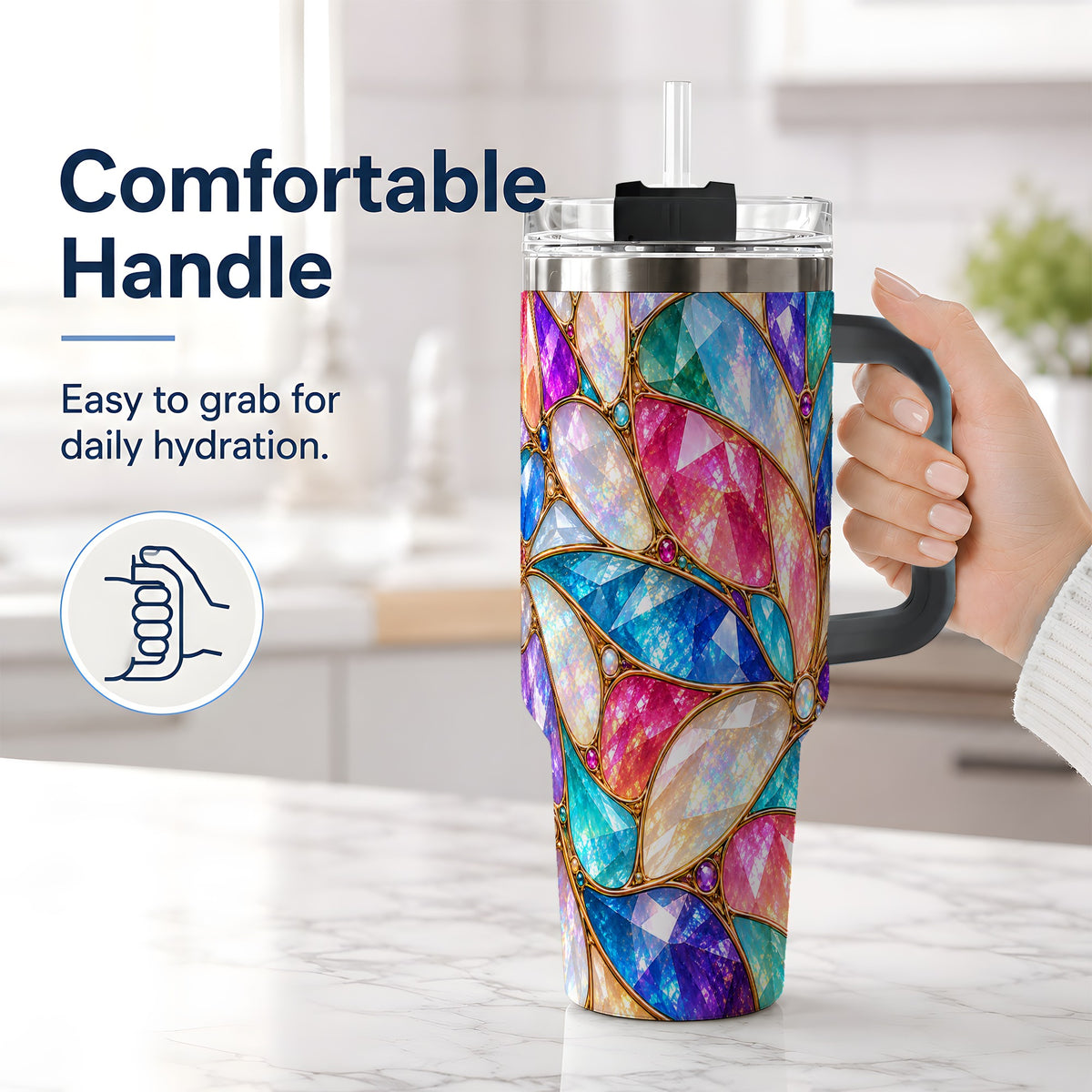 #pl[40oz|Black] Colorful Geometric Mosaic 40oz Tumbler, Faceted Abstract Drinkware