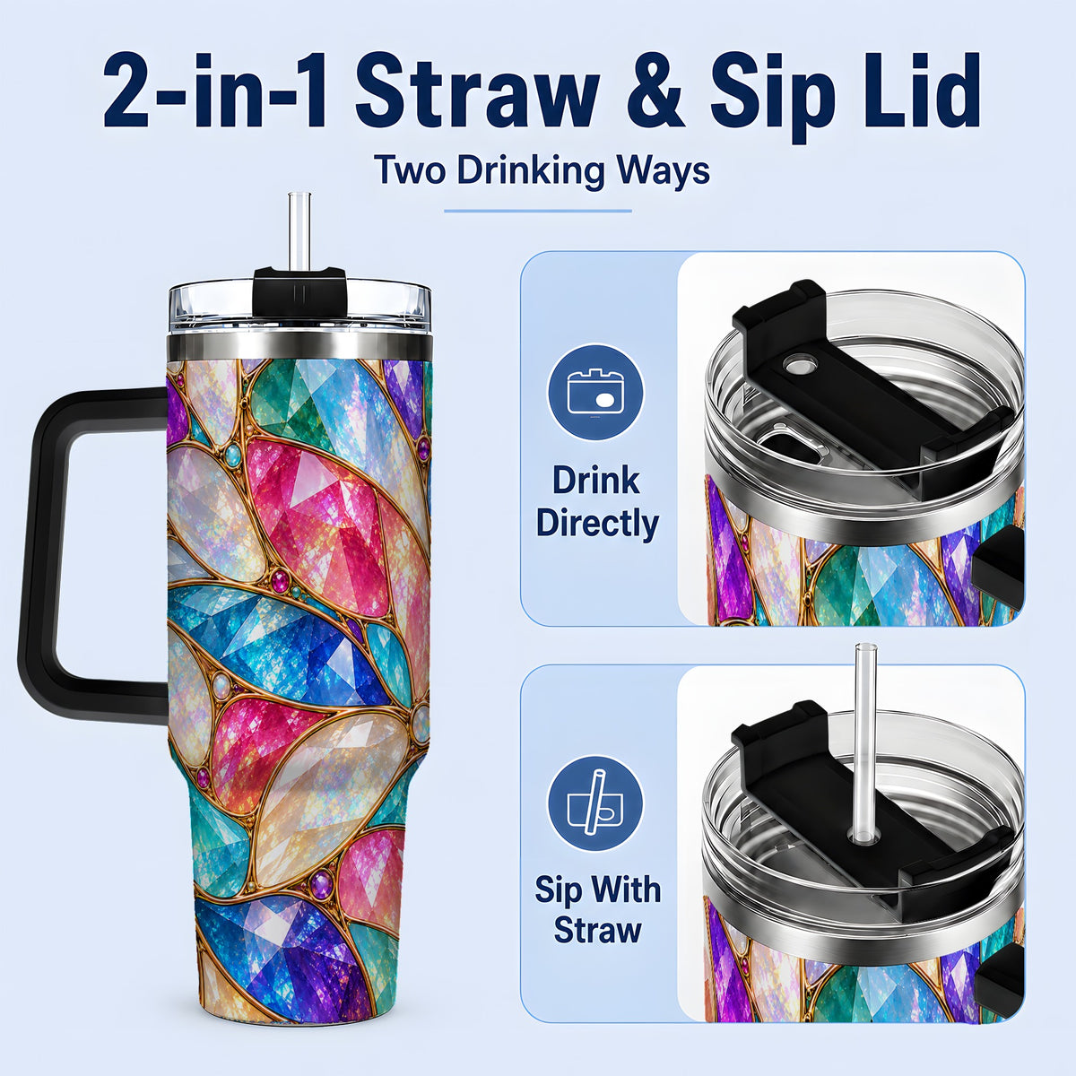 #pl[40oz|Black] Colorful Geometric Mosaic 40oz Tumbler, Faceted Abstract Drinkware
