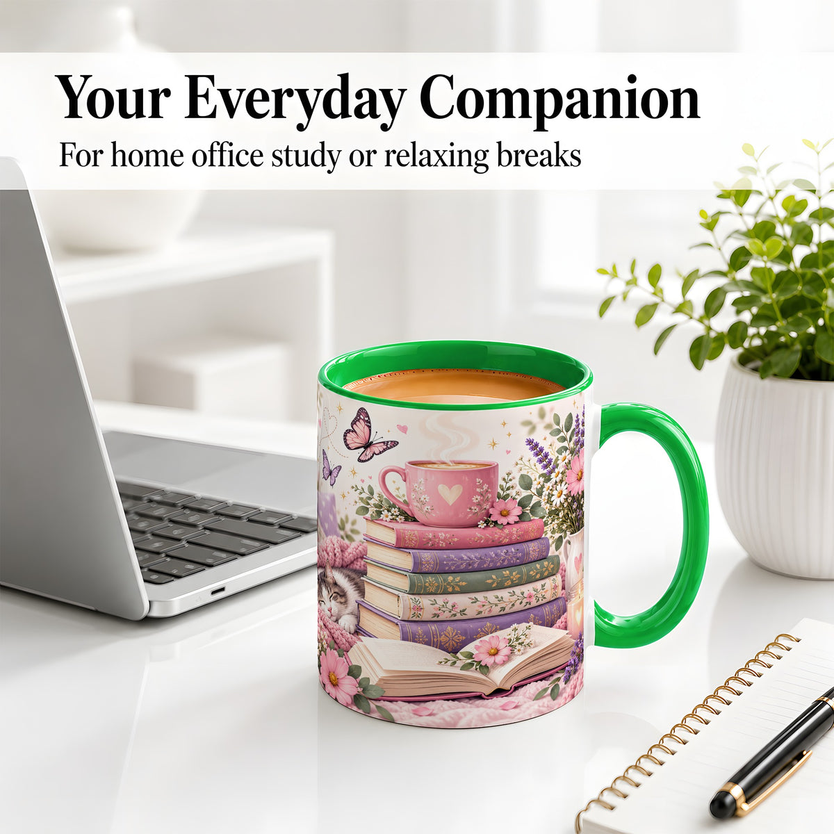 #pl[11oz|Green] Cozy Reading Cat Floral Ceramic Mug