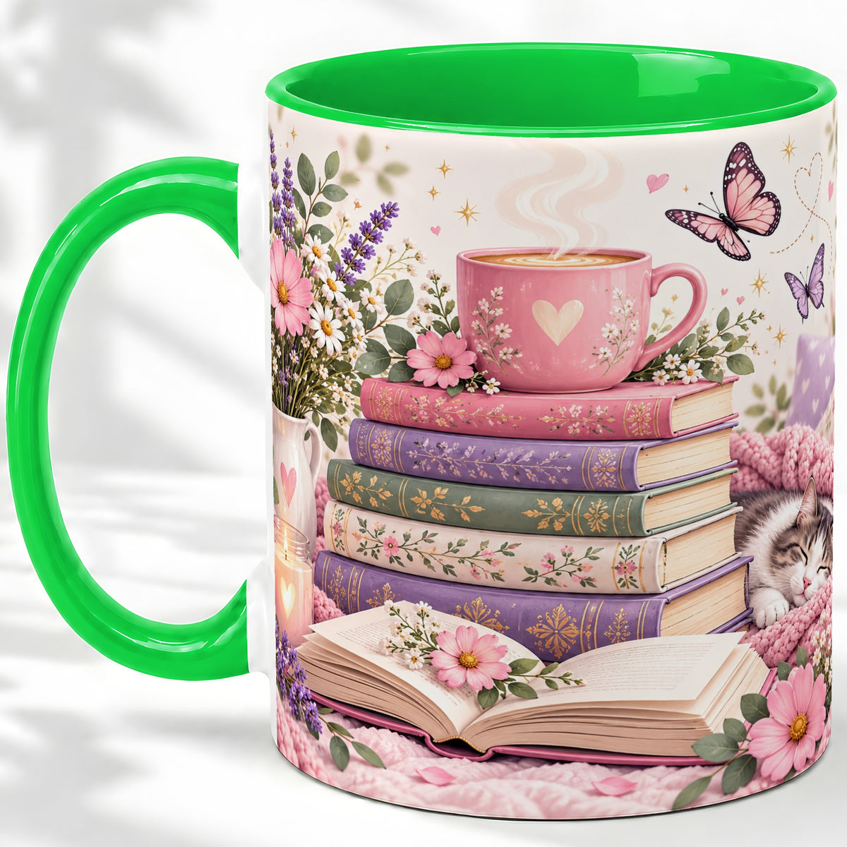 #pl[11oz|Green] Cozy Reading Cat Floral Ceramic Mug