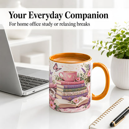 #pl[11oz|Orange] Cozy Reading Cat Floral Ceramic Mug