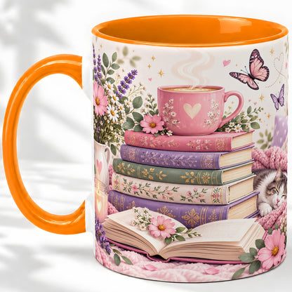 #pl[11oz|Orange] Cozy Reading Cat Floral Ceramic Mug