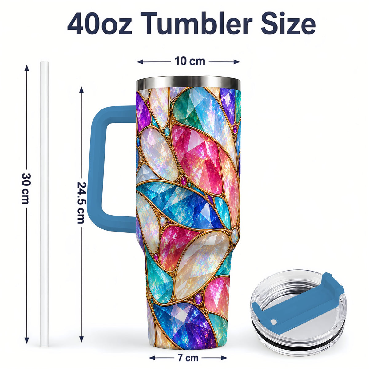 #pl[40oz|Blue] Colorful Geometric Mosaic 40oz Tumbler, Faceted Abstract Drinkware