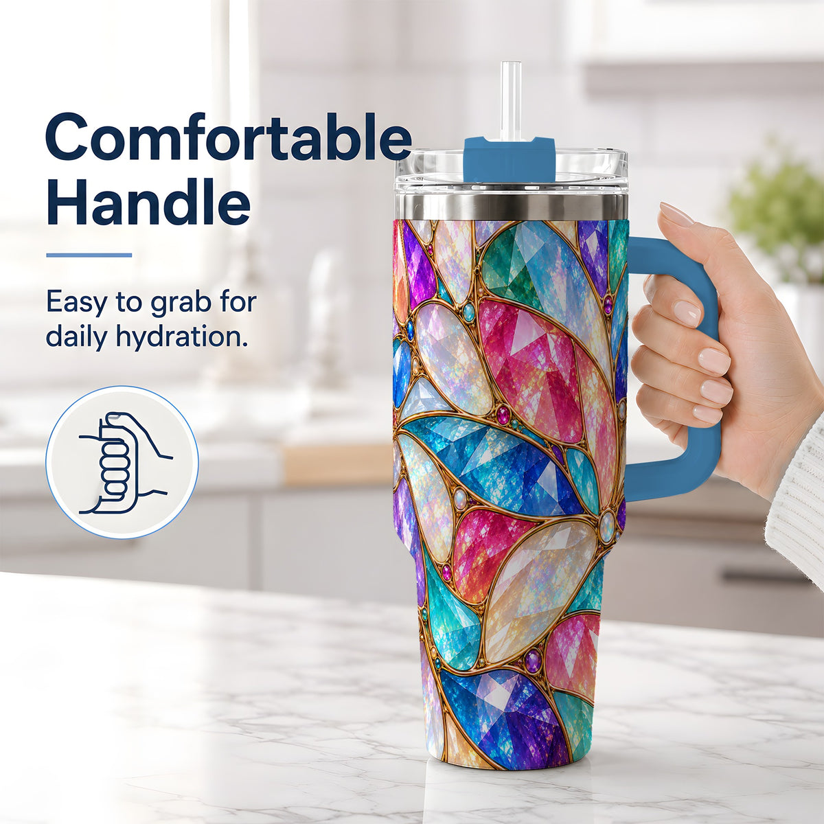 #pl[40oz|Blue] Colorful Geometric Mosaic 40oz Tumbler, Faceted Abstract Drinkware