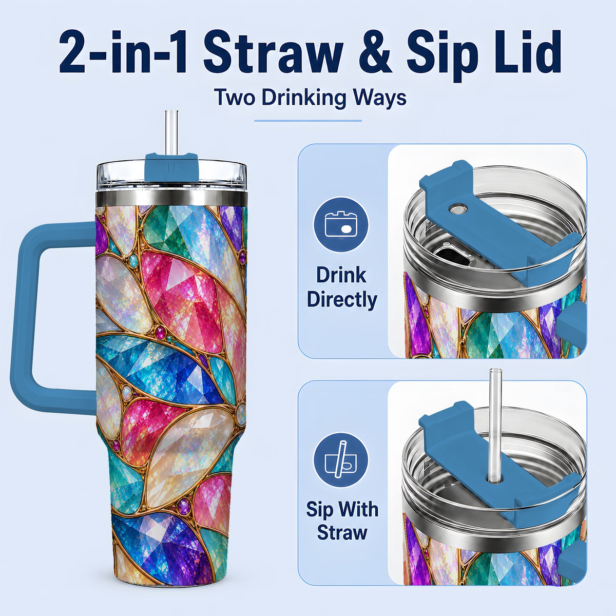 #pl[40oz|Blue] Colorful Geometric Mosaic 40oz Tumbler, Faceted Abstract Drinkware