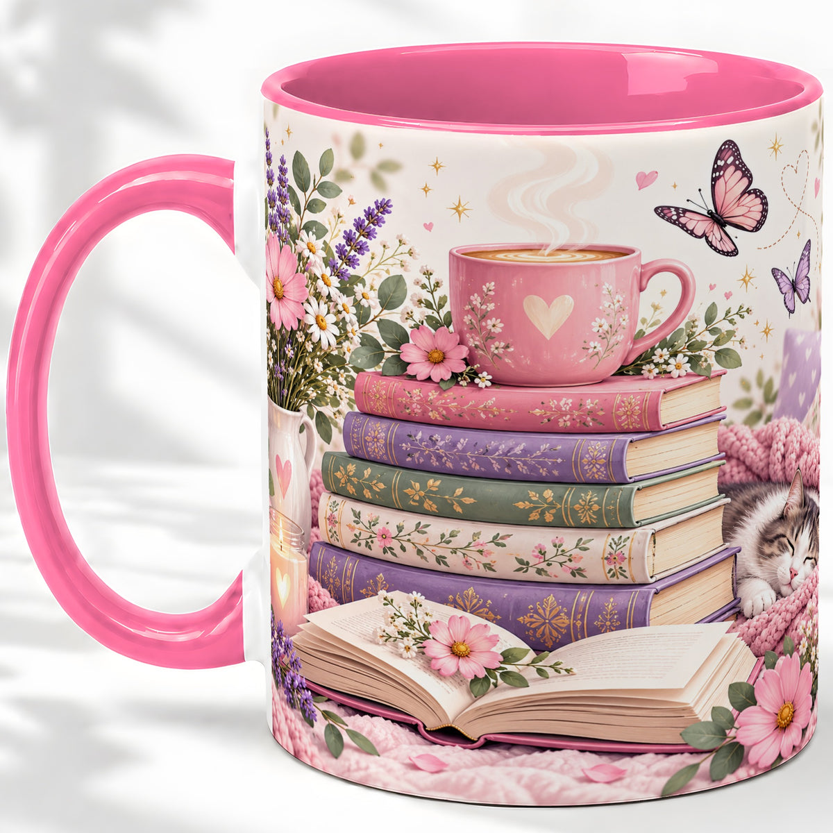 #pl[11oz|Pink] Cozy Reading Cat Floral Ceramic Mug