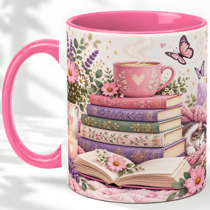 #pl[11oz|Pink] Cozy Reading Cat Floral Ceramic Mug
