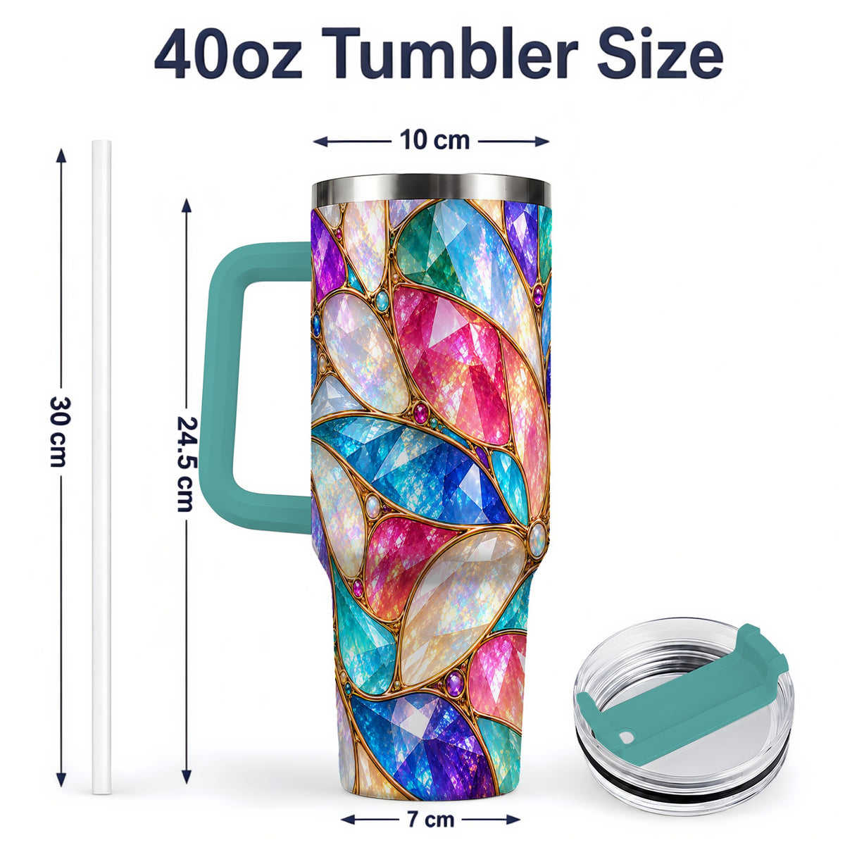 #pl[40oz|Green] Colorful Geometric Mosaic 40oz Tumbler, Faceted Abstract Drinkware