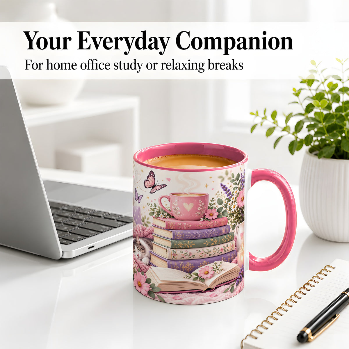 #pl[11oz|Pink] Cozy Reading Cat Floral Ceramic Mug