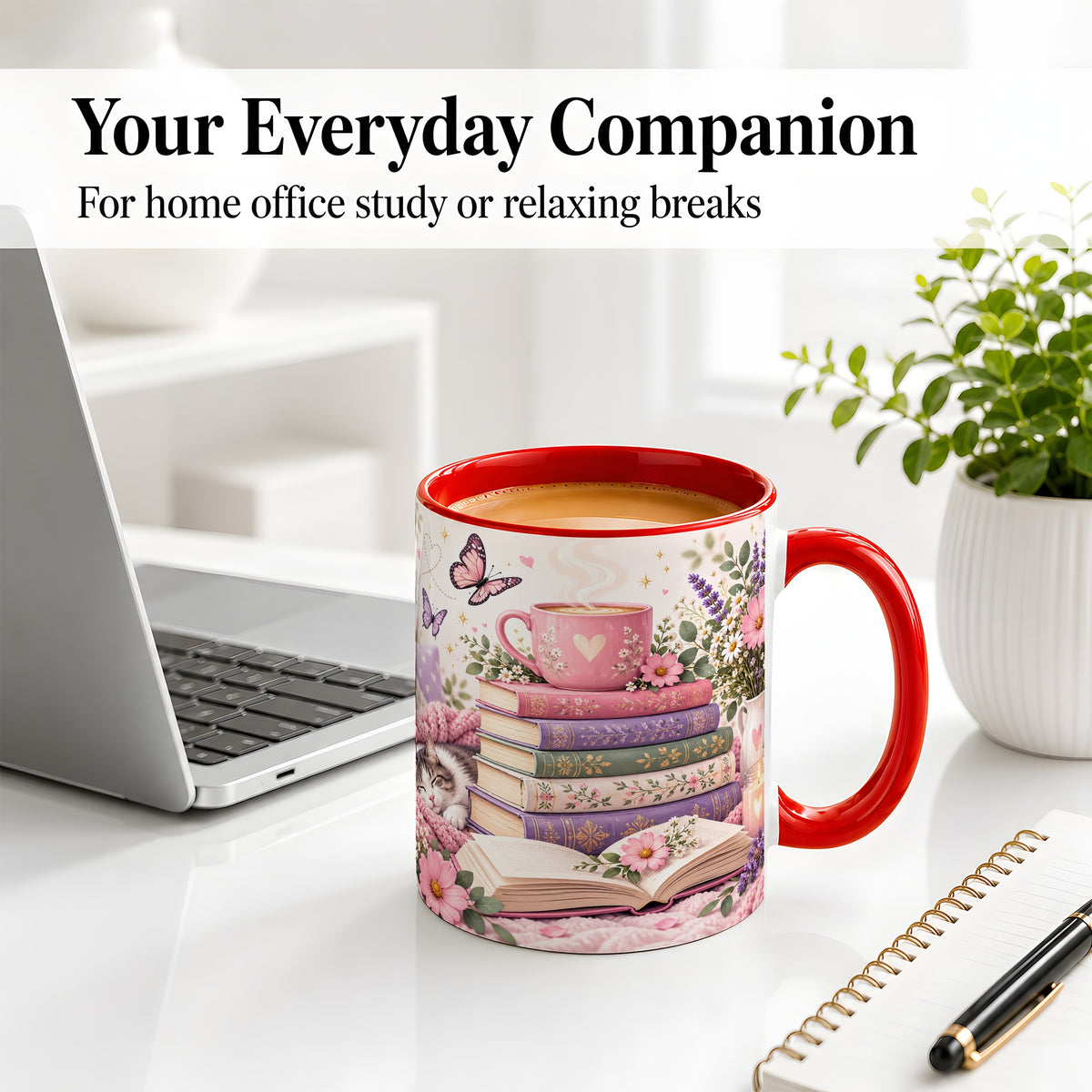 #pl[11oz|Red] Cozy Reading Cat Floral Ceramic Mug