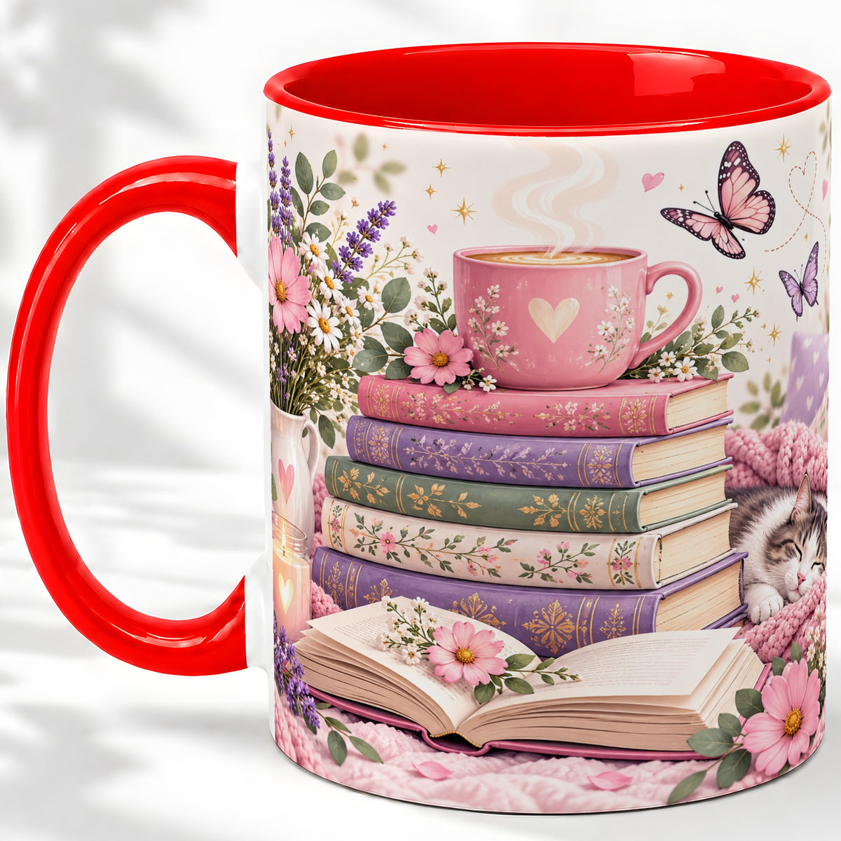 Cozy Reading Cat Floral Ceramic Mug