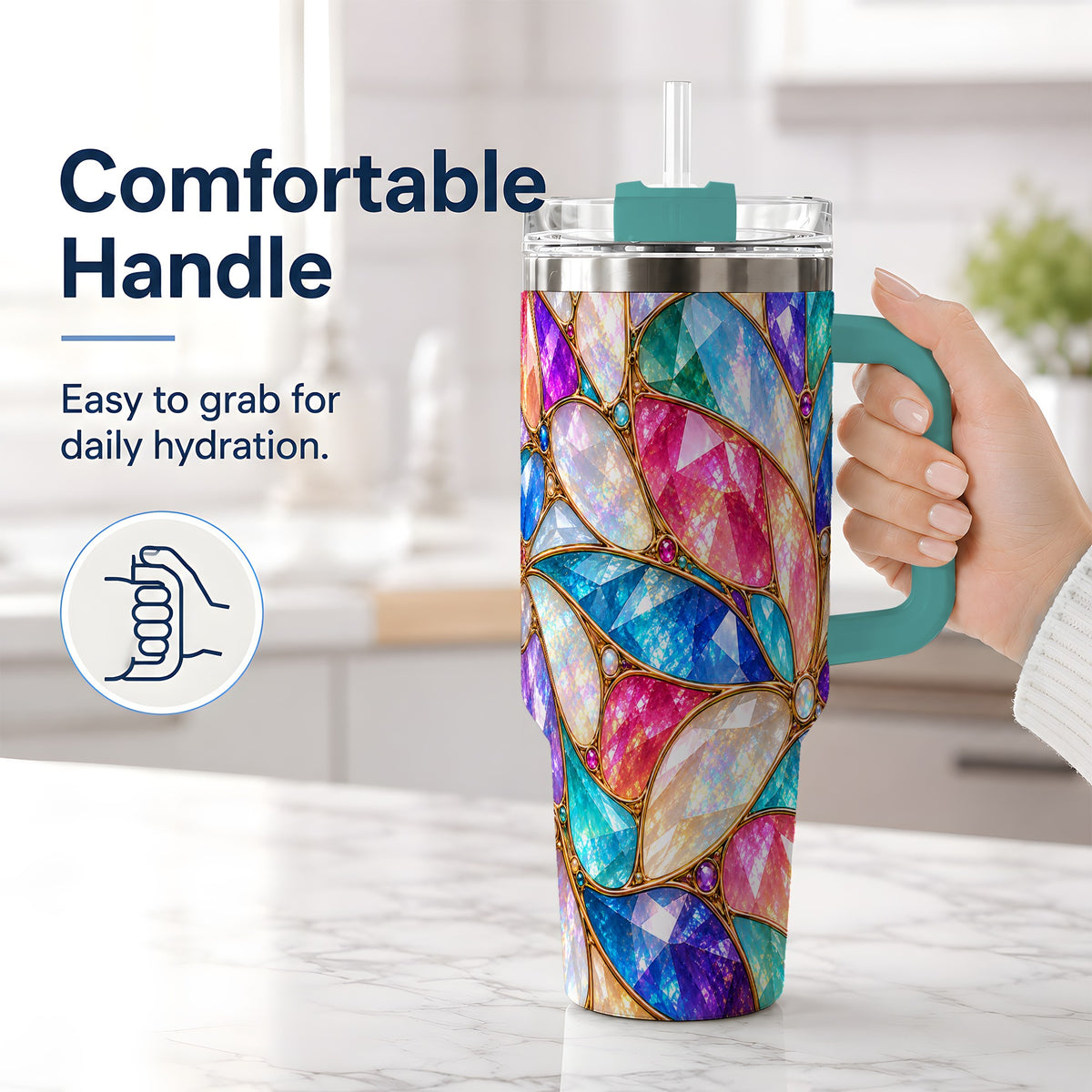 #pl[40oz|Green] Colorful Geometric Mosaic 40oz Tumbler, Faceted Abstract Drinkware