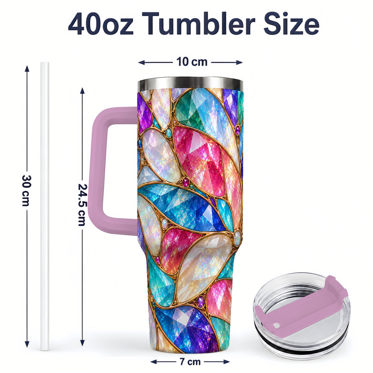 #pl[40oz|Pink] Colorful Geometric Mosaic 40oz Tumbler, Faceted Abstract Drinkware