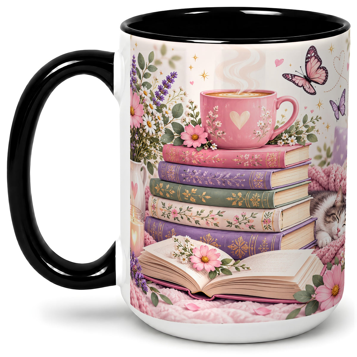 #pl[15oz|Black] Cozy Reading Cat Floral Ceramic Mug