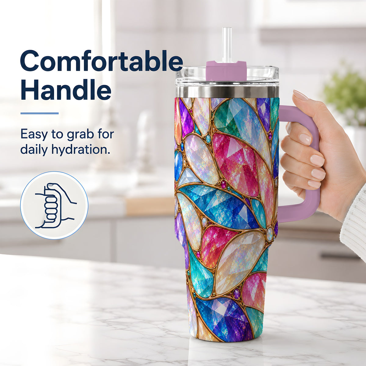 #pl[40oz|Pink] Colorful Geometric Mosaic 40oz Tumbler, Faceted Abstract Drinkware