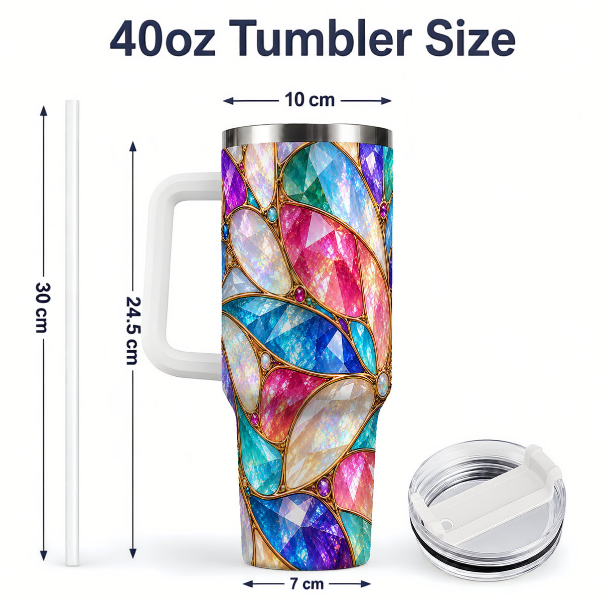#pl[40oz|White] Colorful Geometric Mosaic 40oz Tumbler, Faceted Abstract Drinkware