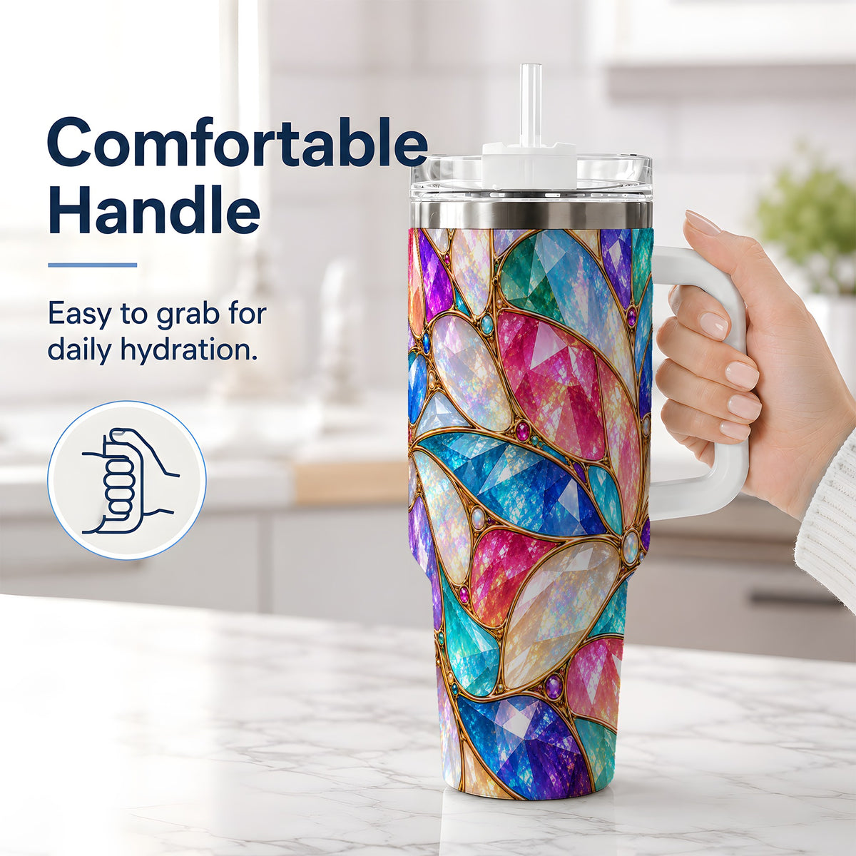 #pl[40oz|White] Colorful Geometric Mosaic 40oz Tumbler, Faceted Abstract Drinkware