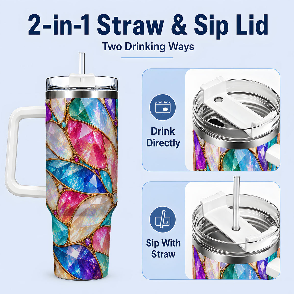 #pl[40oz|White] Colorful Geometric Mosaic 40oz Tumbler, Faceted Abstract Drinkware